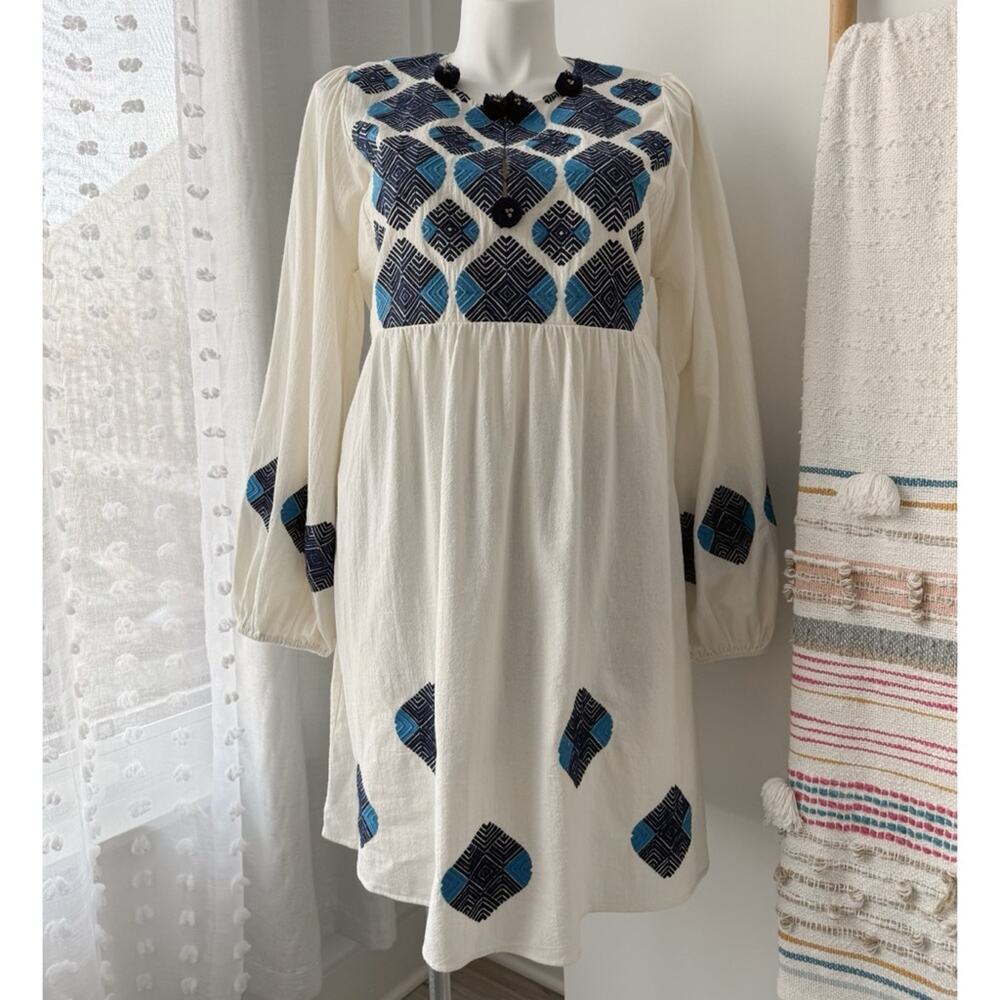 Figue Lucie White Blue Embroidered Pom Pom Long Balloon Sleeves Boho Mini Dress - Picture 2 of 13